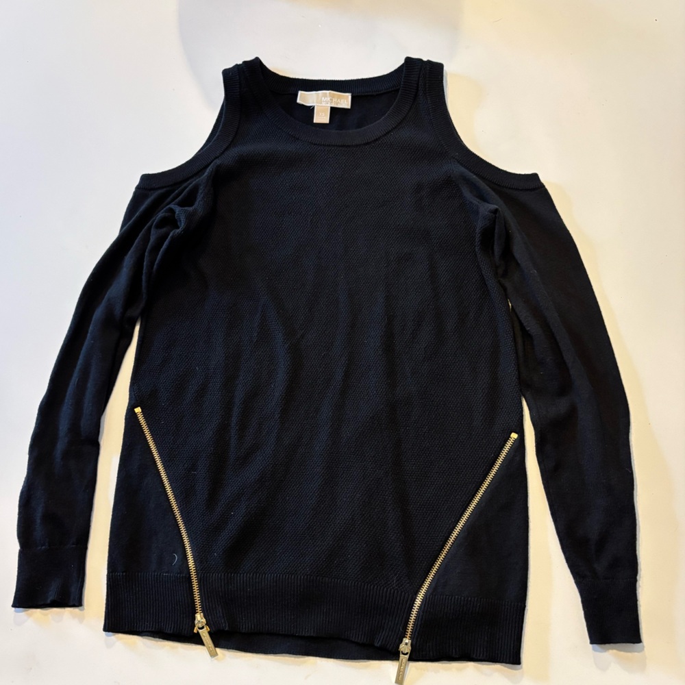 Michael Kors Black Open Shoulder Gold Zipper Sweater
